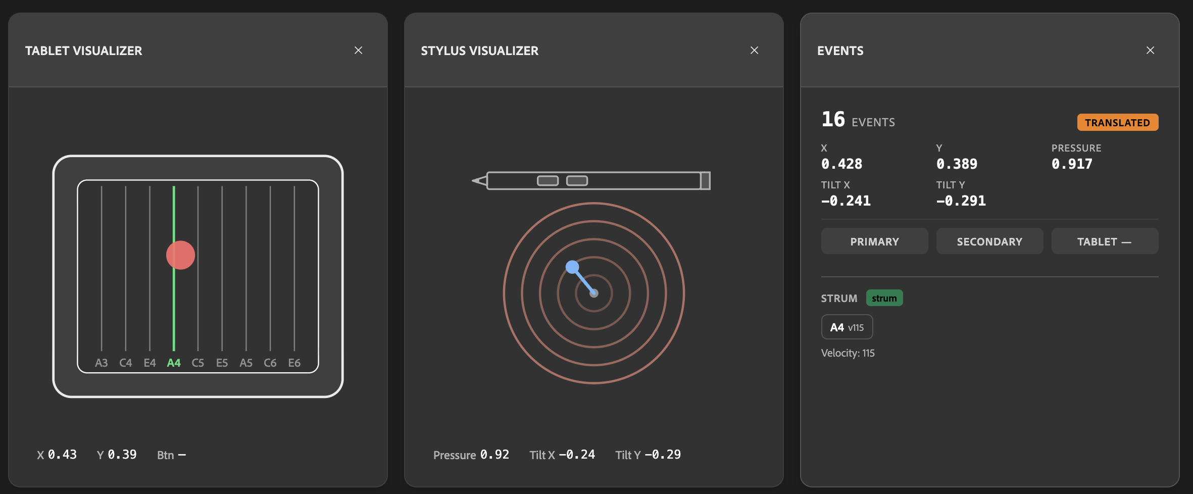 Live tablet input visualization showing pen position, pressure, tilt, and button states